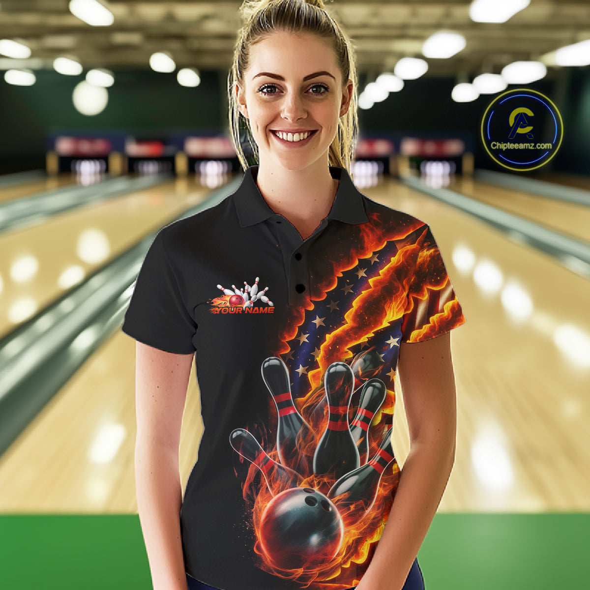 Custom Patriotic Flame Women Bowling Team Shirt, US Flag Bowling League Team Shirt IPHW10193