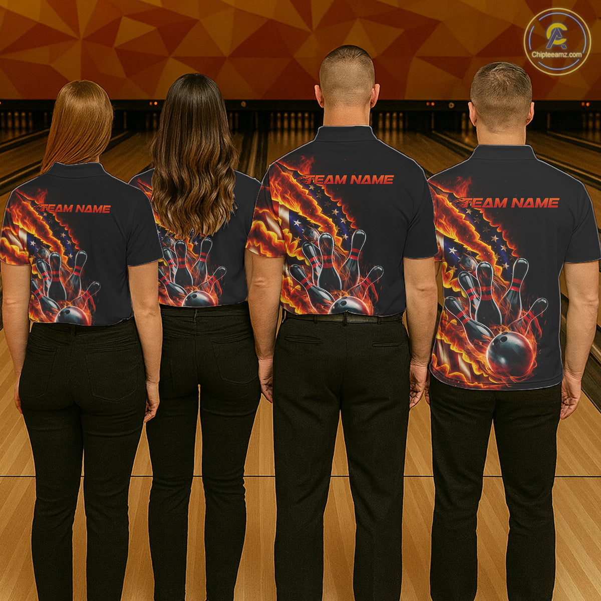Custom Patriotic Flame Men Bowling Team Shirt, US Flag Bowling League Team Shirt IPHW10193