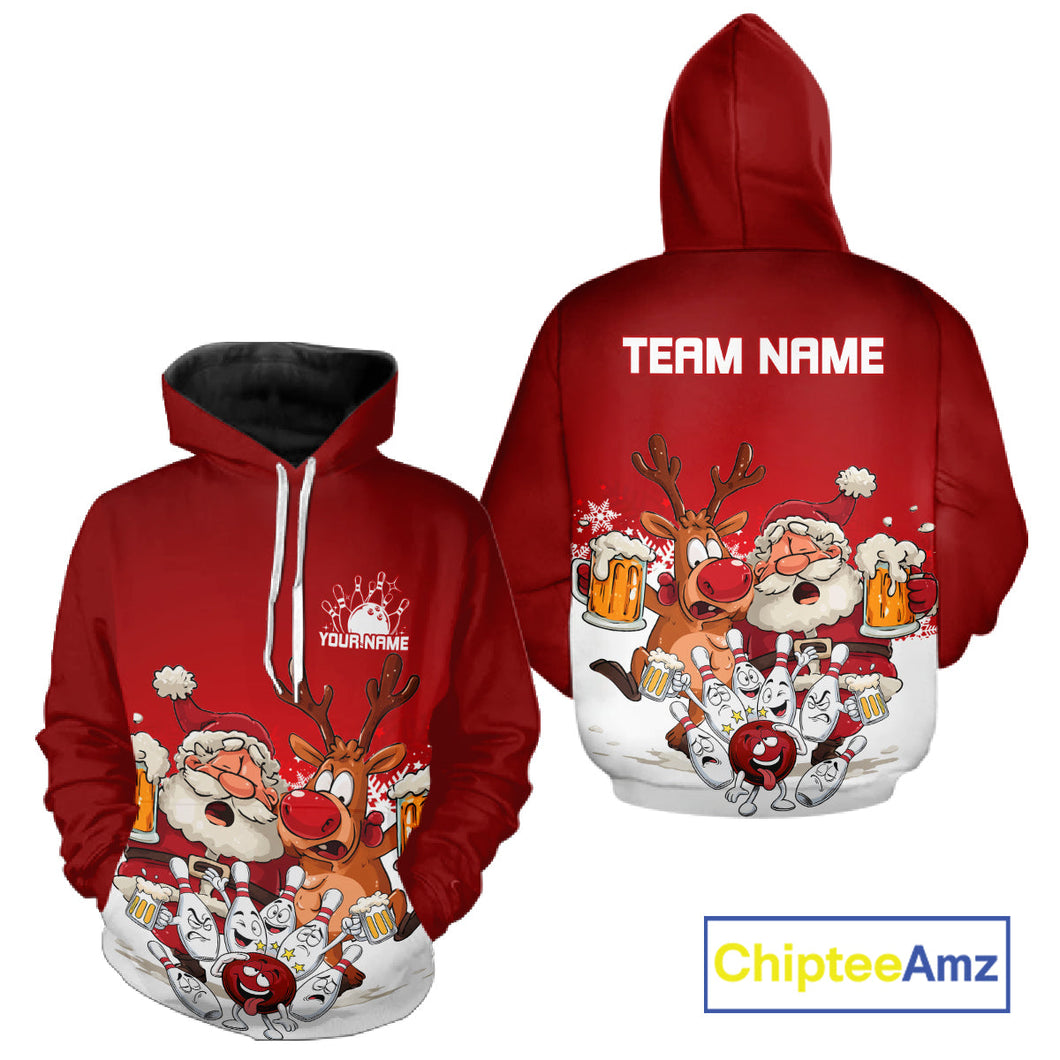Custom Red Funny Christmas Men And Women Bowling Shirts, Bowling And Beer Xmas Party Shirt IPHW10204