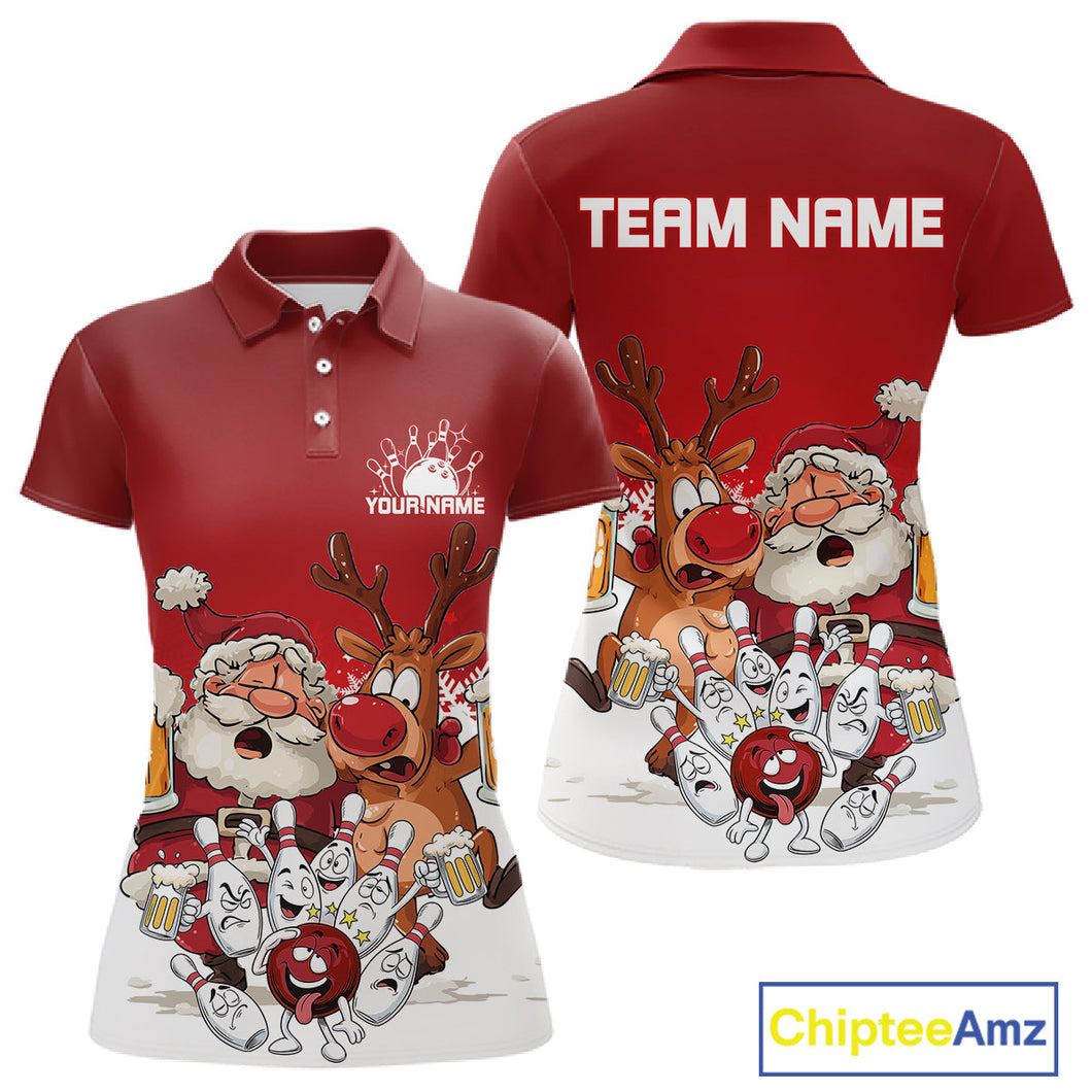Custom Red Funny Christmas Women Bowling Shirts, Bowling And Beer Xmas Party Shirt IPHW10204
