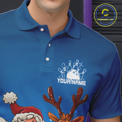 Custom Blue Funny Christmas Men Bowling Shirts, Bowling And Beer Xmas Party Shirt IPHW10205
