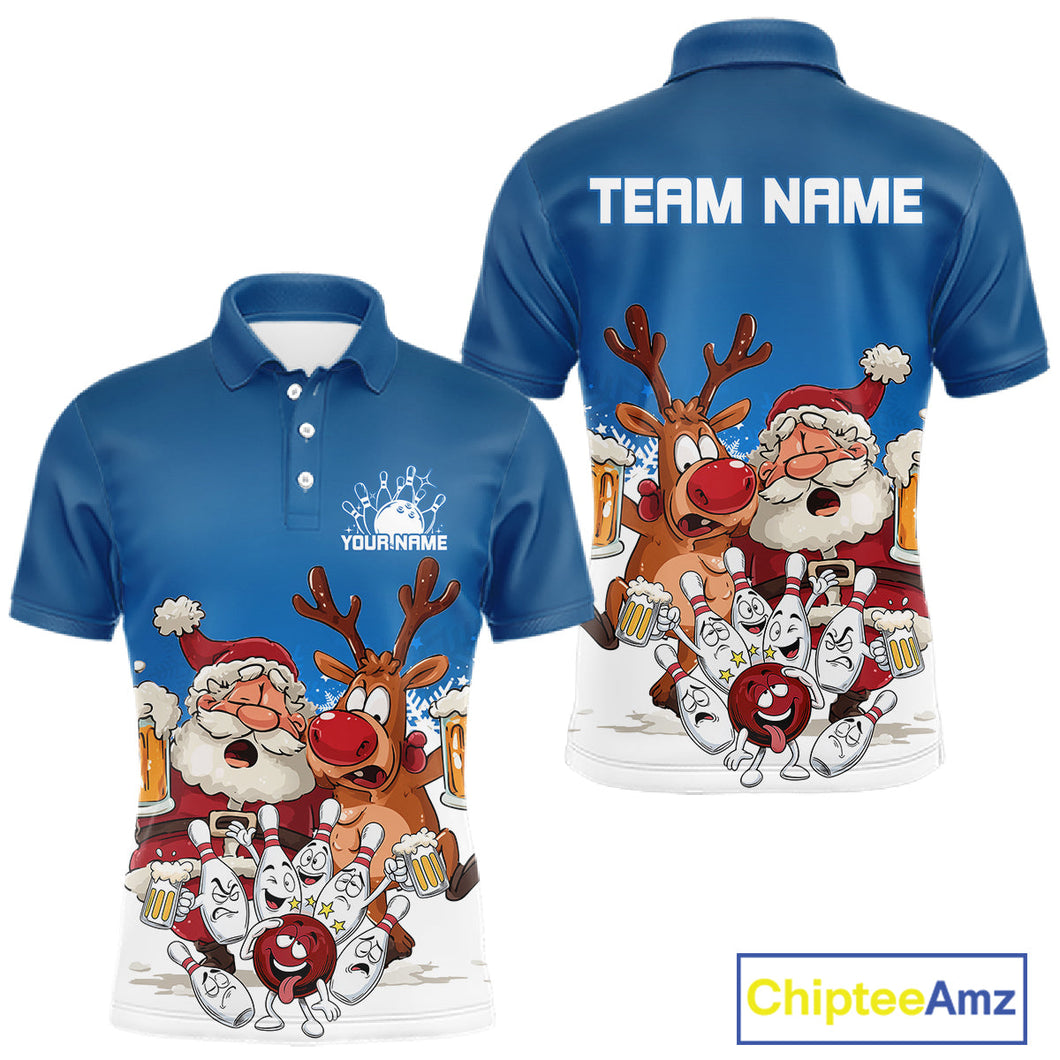 Custom Blue Funny Christmas Men Bowling Shirts, Bowling And Beer Xmas Party Shirt IPHW10205
