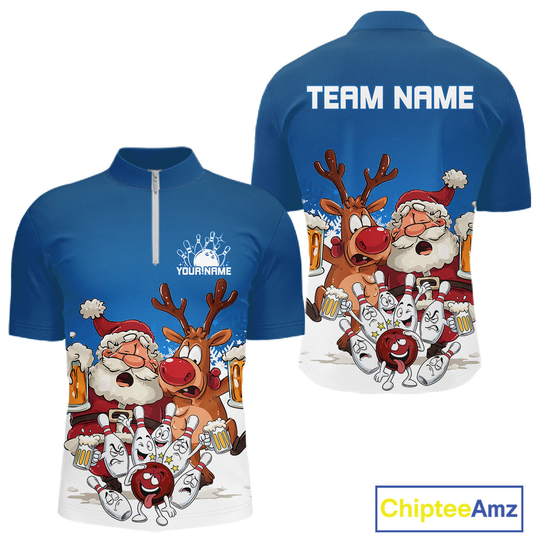 Custom Blue Funny Christmas Men Bowling Shirts, Bowling And Beer Xmas Party Shirt IPHW10205