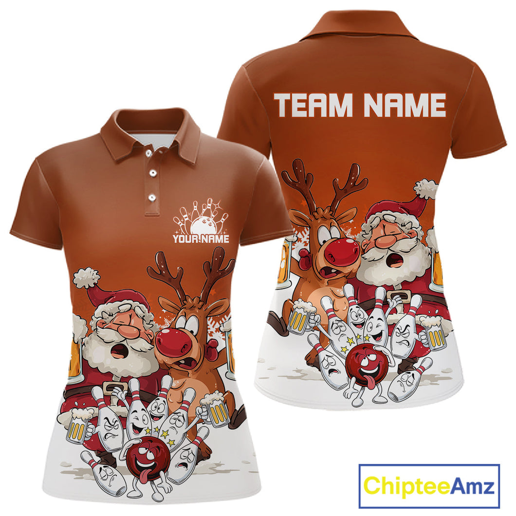 Custom Orange Funny Christmas Women Bowling Shirts, Bowling And Beer Xmas Party Shirt IPHW10206