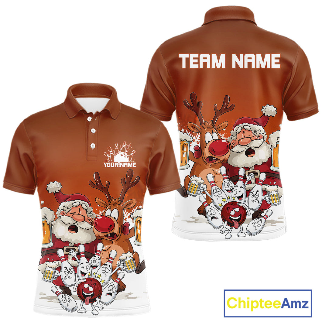 Custom Orange Funny Christmas Men Bowling Shirts, Bowling And Beer Xmas Party Shirt IPHW10206