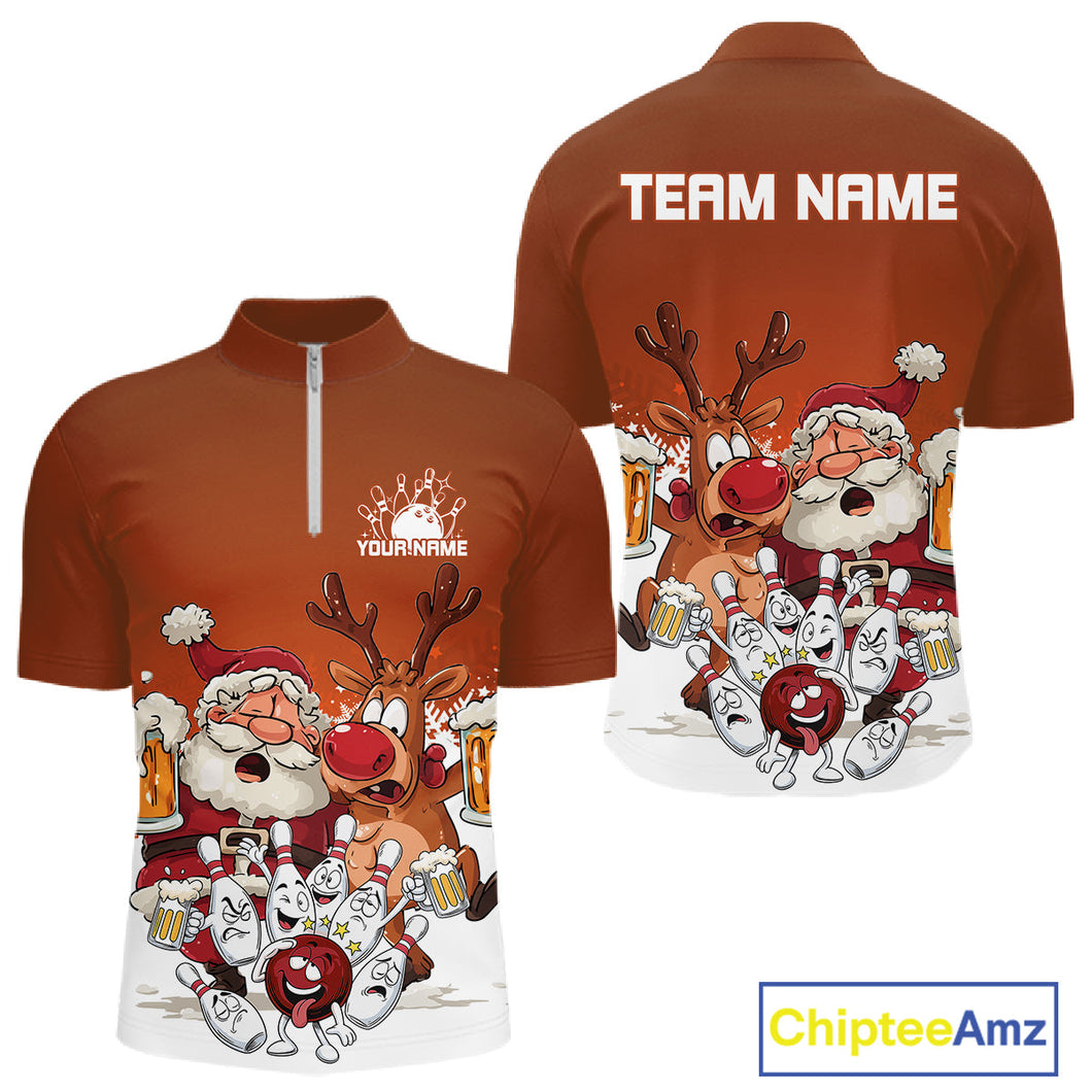 Custom Orange Funny Christmas Men Bowling Shirts, Bowling And Beer Xmas Party Shirt IPHW10206