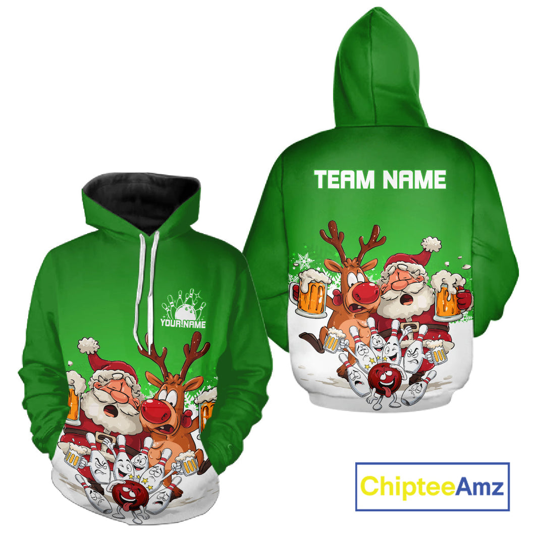 Custom Green Funny Christmas Men And Women Bowling Shirts, Bowling And Beer Xmas Party Shirt IPHW10207
