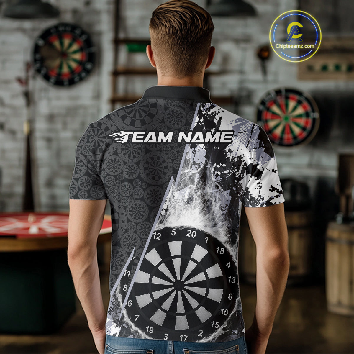 Custom Black And White Dartboard Camo Smoke Dart Team Men Polo Shirts, Dart Jerseys IPHW9973