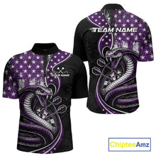 Load image into Gallery viewer, Customizable purple and black stars and stripes patriotic cobra snake men's dart quarter-zip jersey shirt featuring a personalized "TEAM NAME" text template on the back.