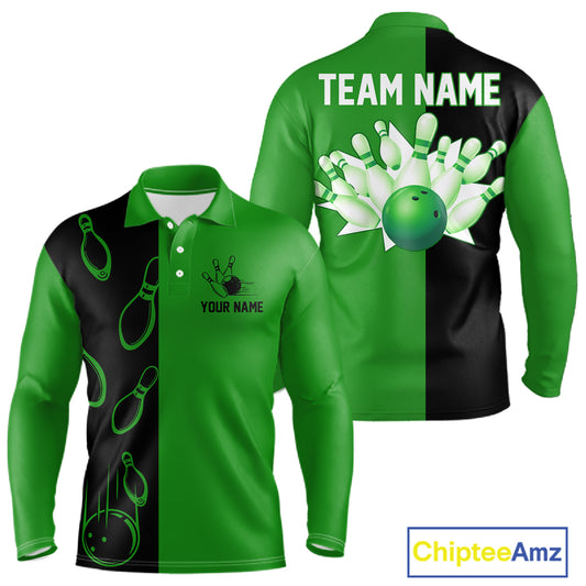 Green and Black retro vintage Bowling polo, quarter zip shirts for men custom Bowling team jerseys NQS11564