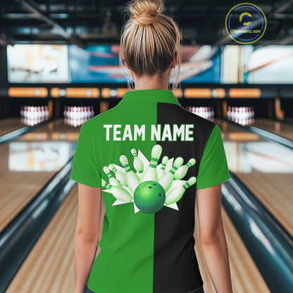 Green and Black retro vintage Bowling polo, quarter zip shirts for Women custom Bowling team jerseys NQS11564