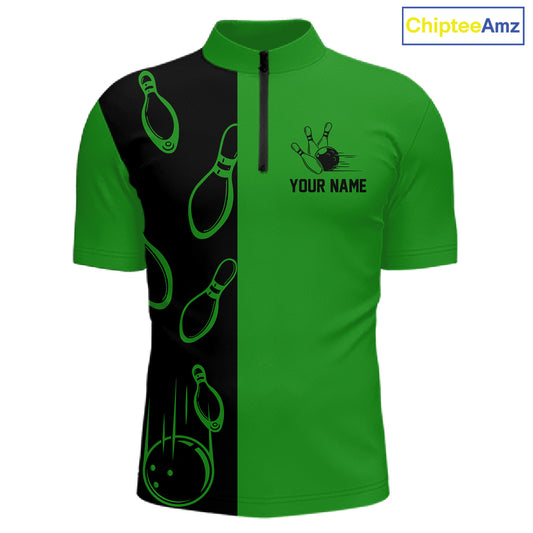 Green and Black retro vintage Bowling polo, quarter zip shirts for men custom Bowling team jerseys NQS11564