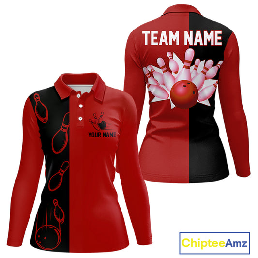 Red and Black retro vintage Bowling polo, quarter zip shirts for Women custom Bowling team jerseys NQS11565