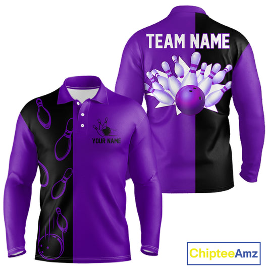Purple and Black retro vintage Bowling polo, quarter zip shirts for men custom Bowling team jerseys NQS11566