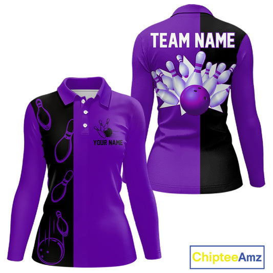Purple and Black retro vintage Bowling polo, quarter zip shirts for Women custom Bowling team jerseys NQS11566