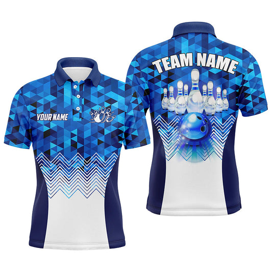 Blue Geometric pattern bowling ball and pins custom Men Bowling Polo Shirts, team bowling jersey NQS7452