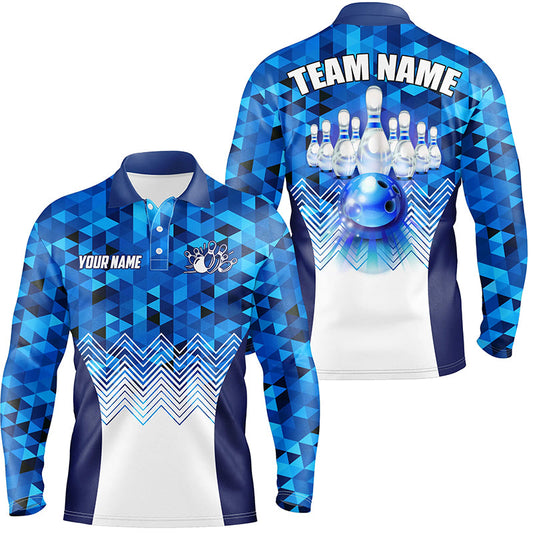 Blue Geometric pattern bowling ball and pins custom Men Bowling Polo Shirts, team bowling jersey NQS7452