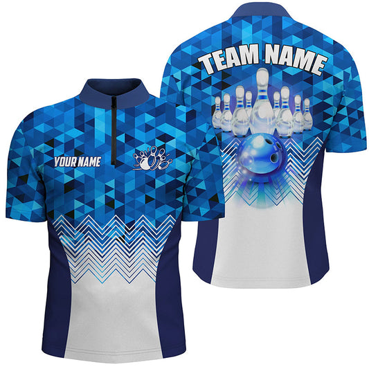 Blue Geometric pattern bowling ball and pins custom Men Bowling Quarter Zip Shirt, team bowling jersey NQS7452