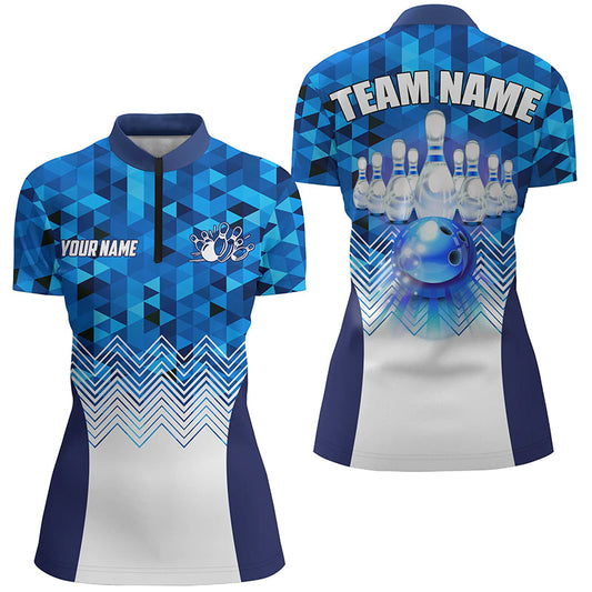 Blue Geometric pattern bowling ball pins custom Women Bowling Quarter Zip Shirt, team bowling jersey NQS7452