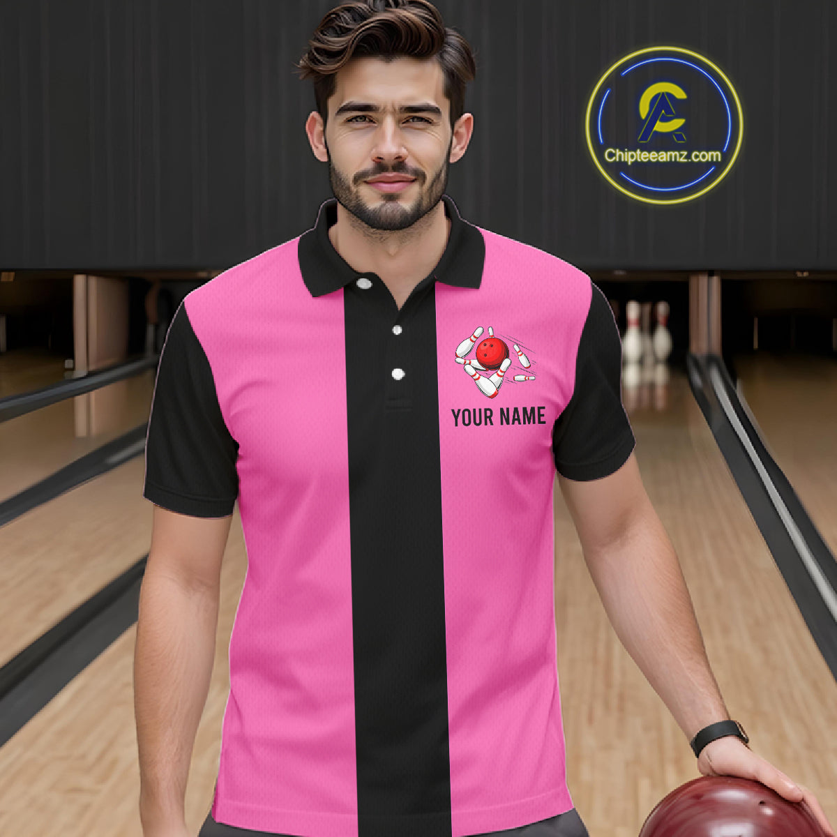 Personalized Pink Black Retro Bowling Polo Shirts For Men custom vintage bowling team jerseys NQS6568