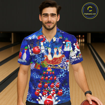 Personalized blue Christmas pattern Bowling Santa hawaiian shirts Custom team button up shirts NQS6617