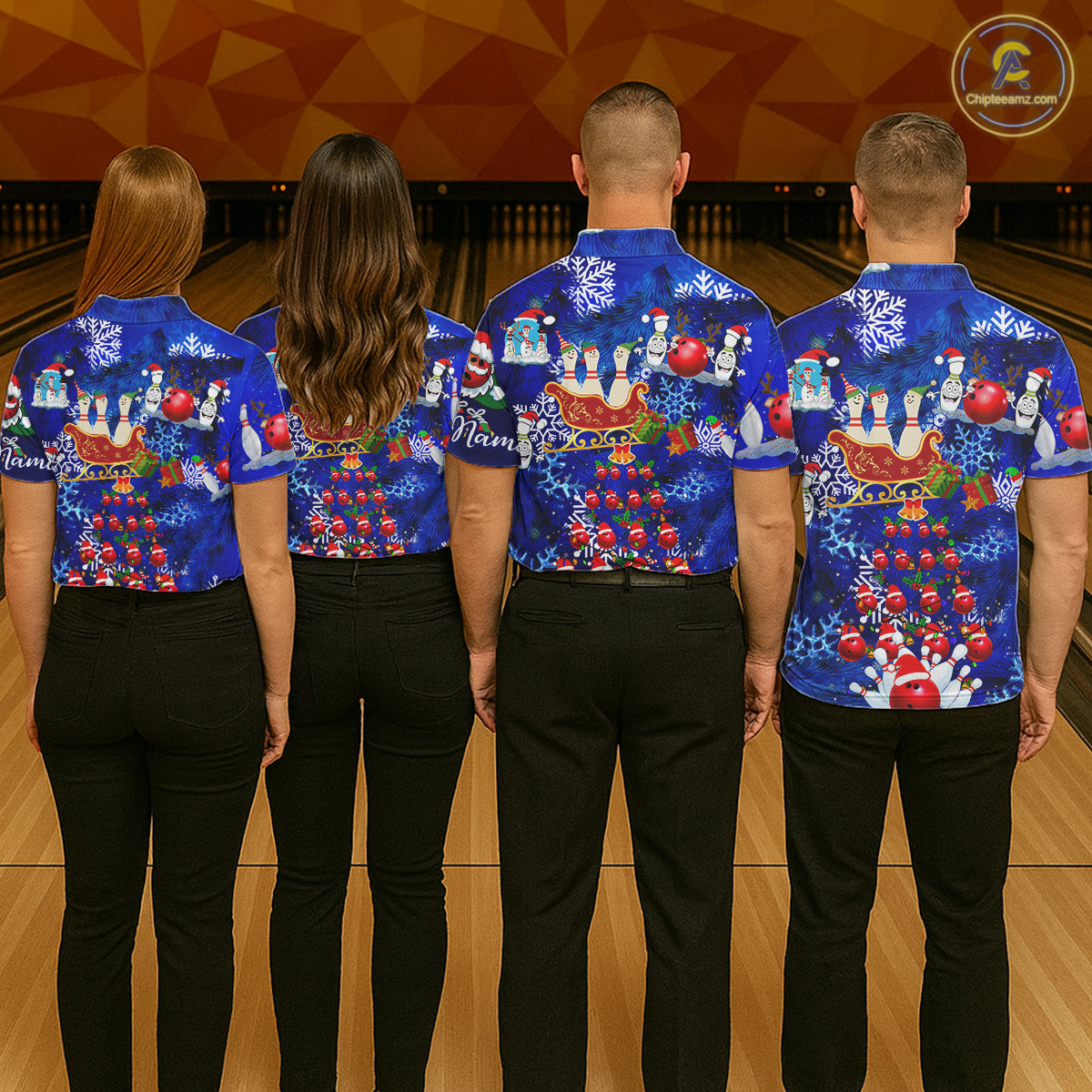 Womens Bowling Polo Shirts Custom blue Christmas pattern Bowling Santa ball pins team Ladies Jersey NQS6617