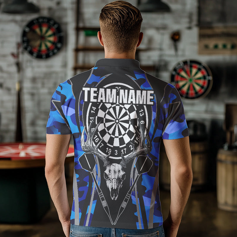 Deer Skull Darts Board Blue Camo Darts Polo, Quarter zip Shirts For Men Custom Team Darts Jersey NQS9635