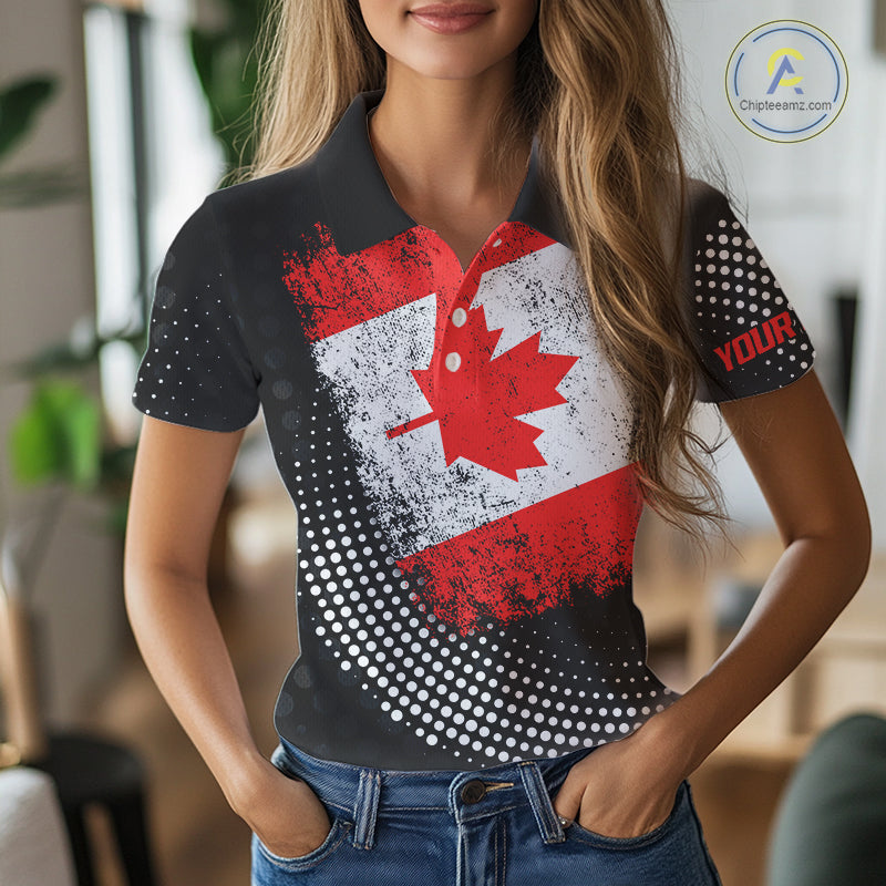 Personalized golf polo shirts for Women Vintage Canadian Flag Custom patriotic golf tops for ladies NQS9836