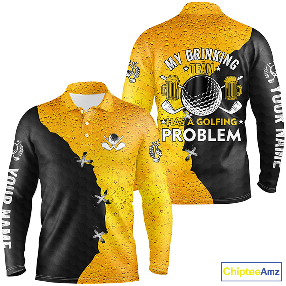 Men golf polo shirts custom My drinking team has a golfing problem, beer pattern black golf team shirt NQS7764