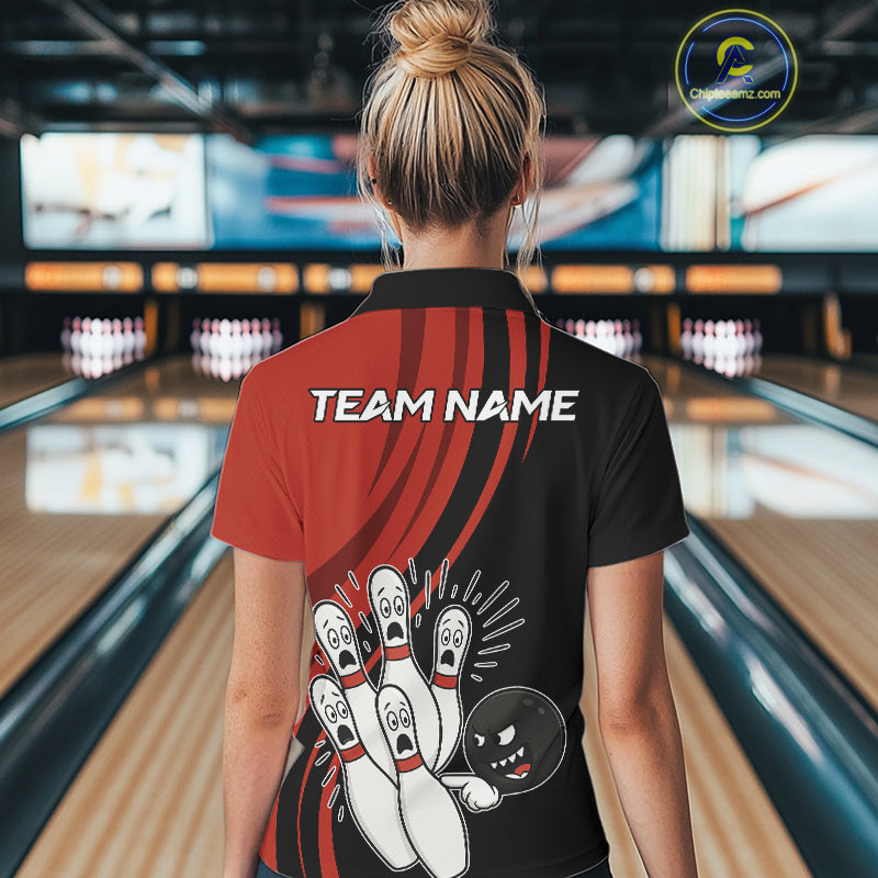 Funny Bowling ball and pins Black and Red Bowling Team Shirts For Women Custom Retro Bowling Jerseys NQS10225