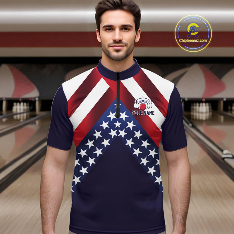 Red, White & Blue American Flag Mens Bowling Polo, 1/4 Zip Shirt Custom Patriotic Team Bowling Jersey NQS10226