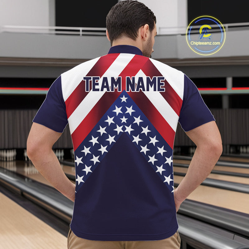 Red, White & Blue American Flag Mens Bowling Polo, 1/4 Zip Shirt Custom Patriotic Team Bowling Jersey NQS10226