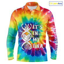 Load image into Gallery viewer, Mens golf polo shirts colorful tie dye pattern custom It&#39;s in my DNA peace love golf top for mens NQS10391