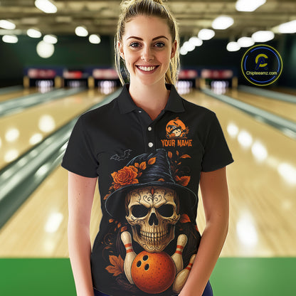 Black and Orange Skull Bowling Polo, Quarter Zip Shirt For Women Custom Halloween Bowling Team Jersey NQS10818