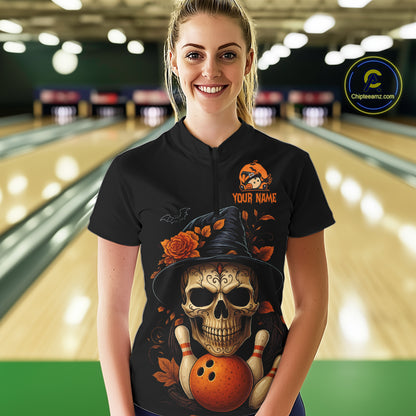 Black and Orange Skull Bowling Polo, Quarter Zip Shirt For Women Custom Halloween Bowling Team Jersey NQS10818