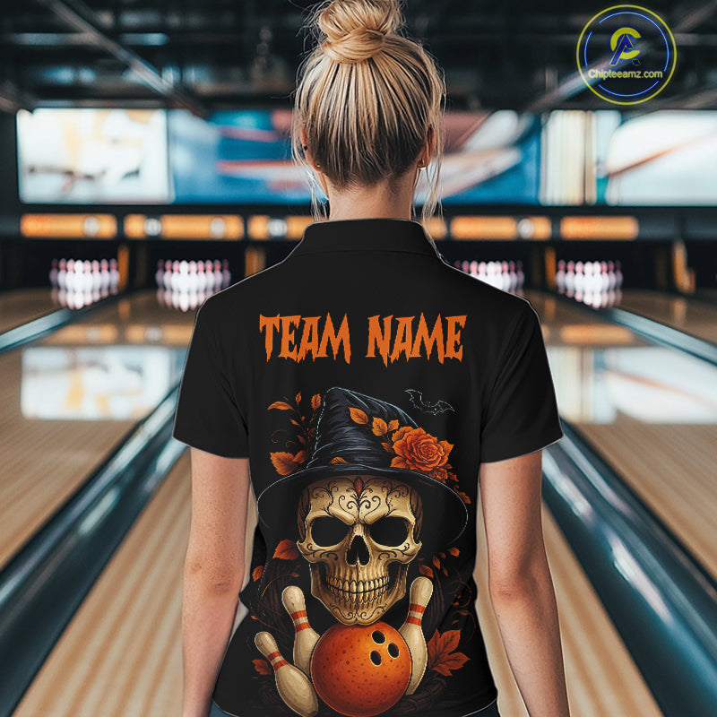 Black and Orange Skull Bowling Polo, Quarter Zip Shirt For Women Custom Halloween Bowling Team Jersey NQS10818