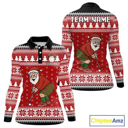 Funny Santa Golf Polo shirts For women Red ugly Christmas pattern Custom ladies Christmas golf shirts NQS11000