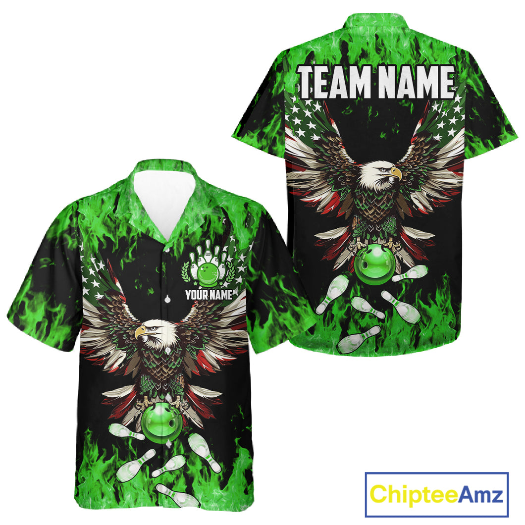 Green flame Hawaiian bowling shirts Custom American flag Eagle Team bowling shirts, gift for bowlers NQS11188