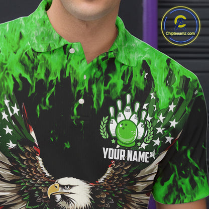 Green flame Mens bowling shirts Custom American flag Eagle Team bowling shirts, gift for bowlers NQS11188