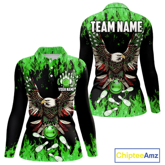 Green flame Womens bowling shirts Custom American flag Eagle Team bowling shirts, gift for bowlers NQS11188