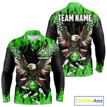Load image into Gallery viewer, Green flame Mens bowling shirts Custom American flag Eagle Team bowling shirts, gift for bowlers NQS11188