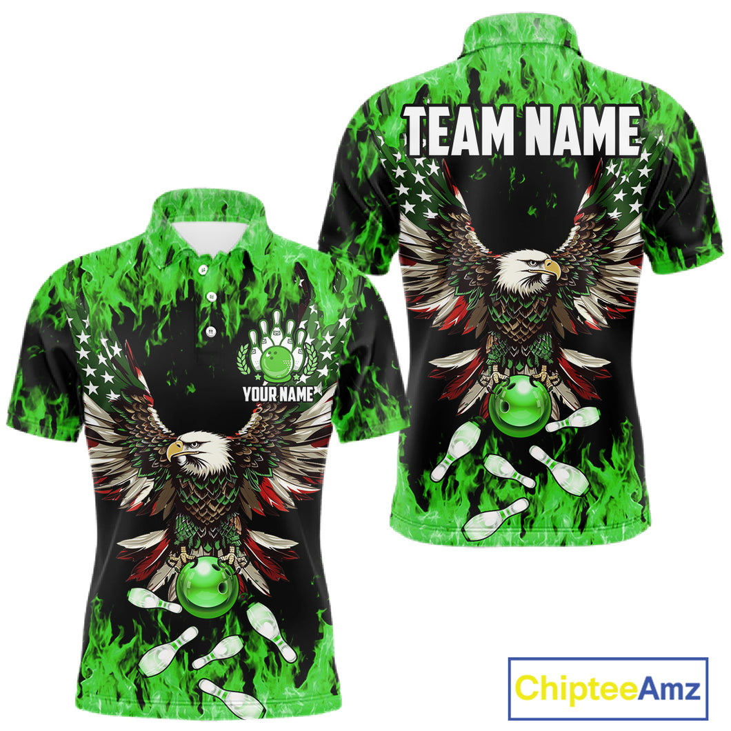 Green flame Mens bowling shirts Custom American flag Eagle Team bowling shirts, gift for bowlers NQS11188