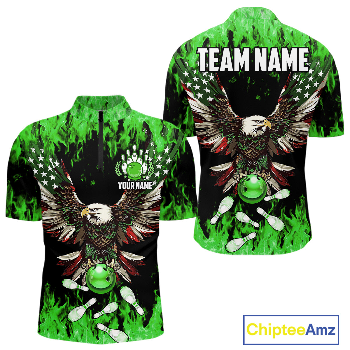 Green flame Mens bowling shirts Custom American flag Eagle Team bowling shirts, gift for bowlers NQS11188