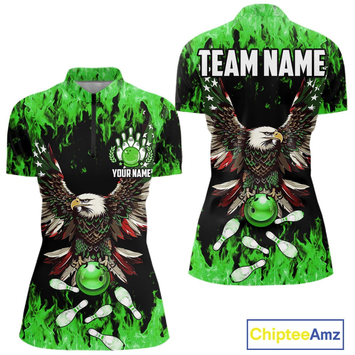 Green flame Womens bowling shirts Custom American flag Eagle Team bowling shirts, gift for bowlers NQS11188