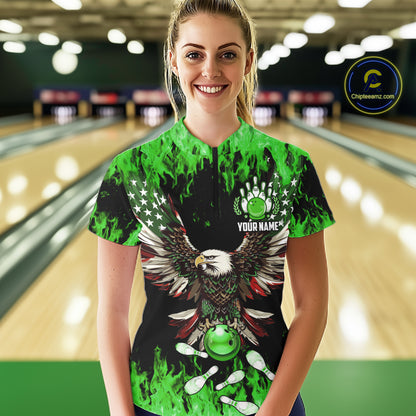 Green flame Womens bowling shirts Custom American flag Eagle Team bowling shirts, gift for bowlers NQS11188