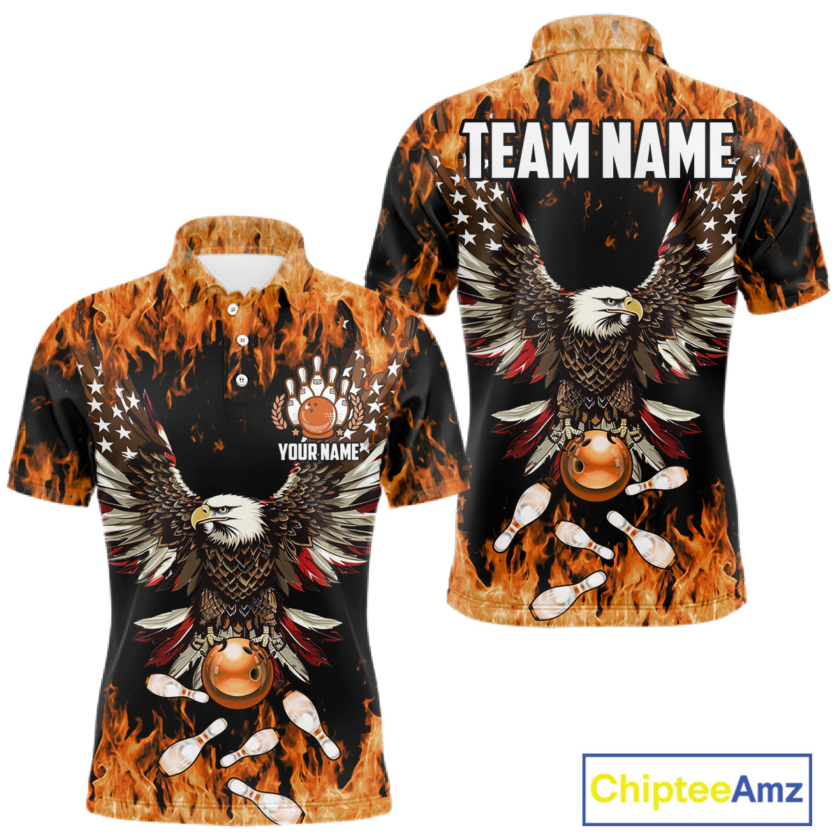 Orange flame Mens bowling shirts Custom American flag Eagle Team bowling shirts, gift for bowlers NQS11189