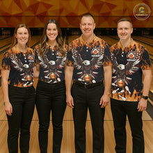 Load image into Gallery viewer, Orange flame Womens bowling shirts Custom American flag Eagle Team bowling shirts, gift for bowlers NQS11189