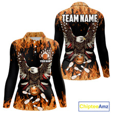 Load image into Gallery viewer, Orange flame Womens bowling shirts Custom American flag Eagle Team bowling shirts, gift for bowlers NQS11189