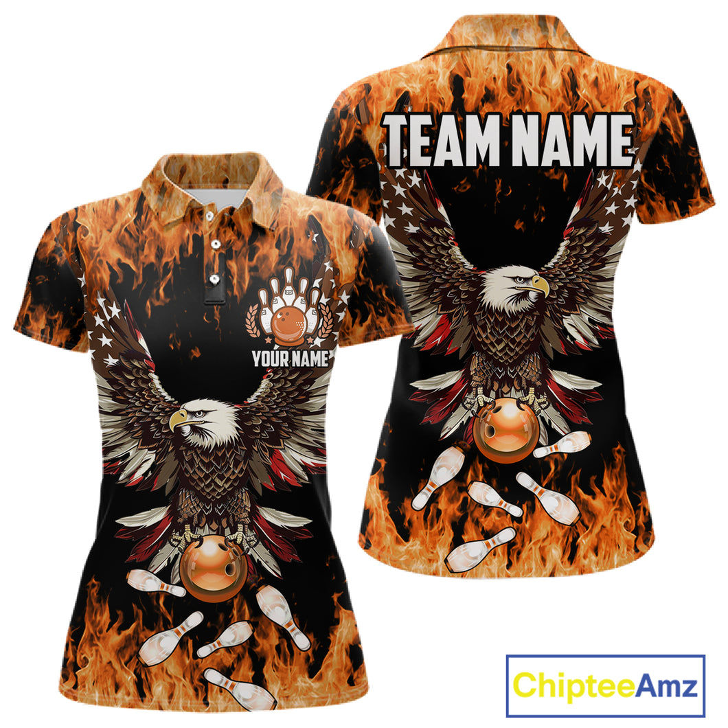 Orange flame Womens bowling shirts Custom American flag Eagle Team bowling shirts, gift for bowlers NQS11189