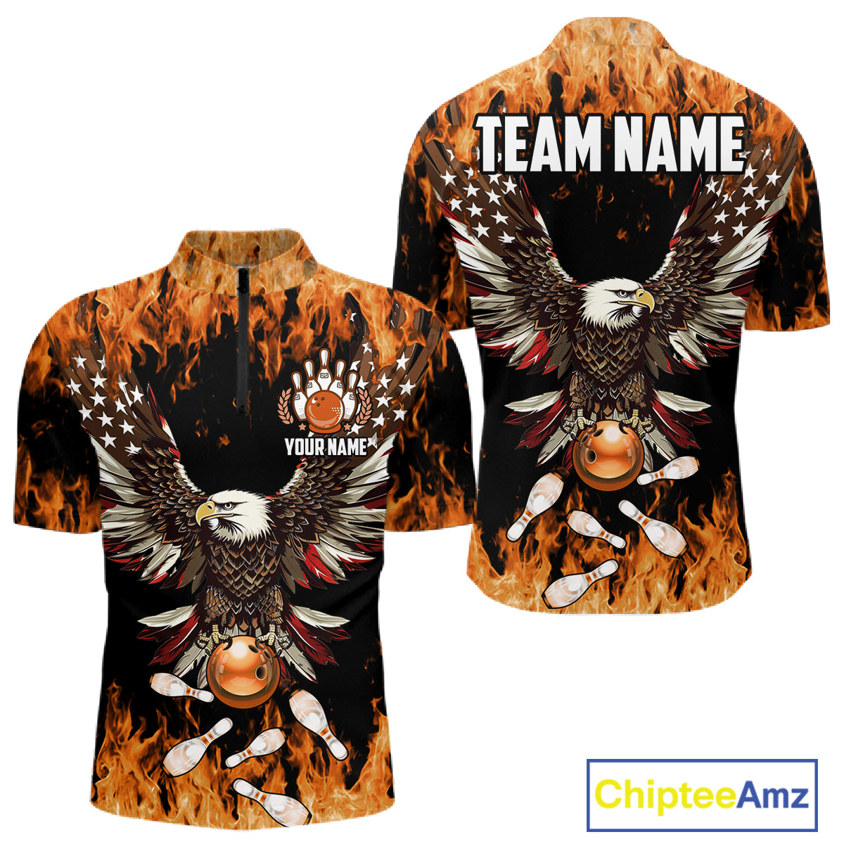 Orange flame Mens bowling shirts Custom American flag Eagle Team bowling shirts, gift for bowlers NQS11189
